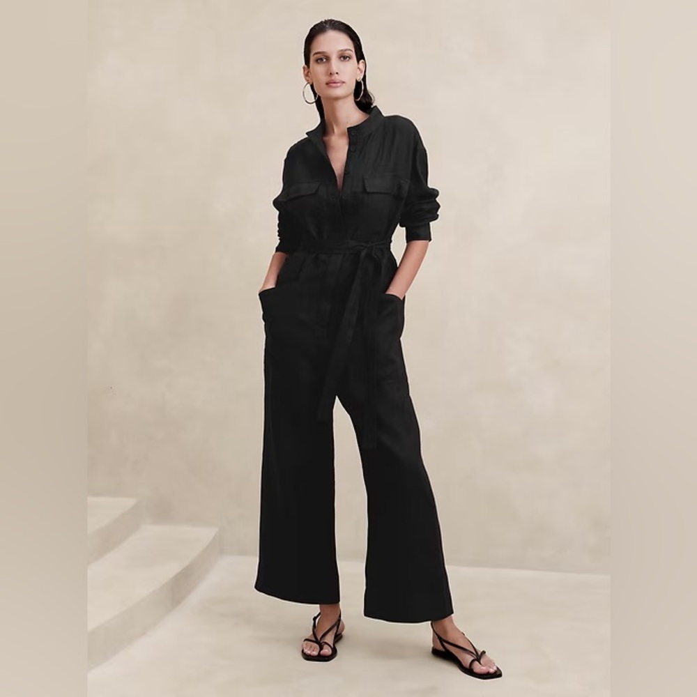 Banana Republic $190 LISA 100% LINEN JUMPSUIT XXSP wide leg Black summer preppy